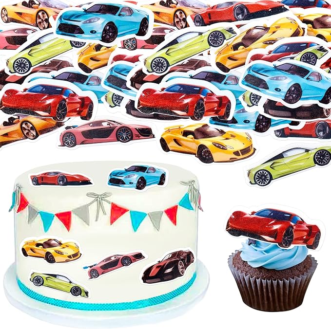 45PCS Edible Wafer Paper Race Car Cupcake Toppers Car Party Decoration Drink Topper Birthday Party Supplies Car Themed Party Boys and Girls' Birthday Party Cake Decoration
