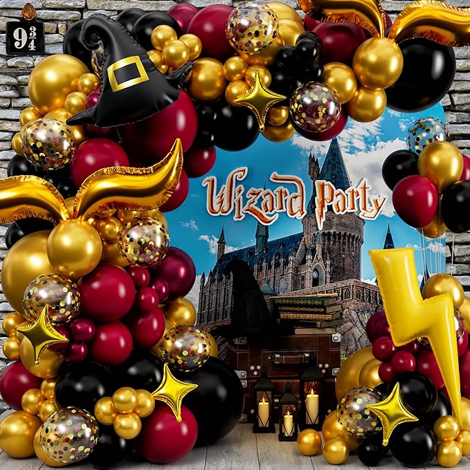ALL-IN-1 Magical Wizard Balloons Garland Arch Kit with BONUS Hat, Wings, Lightning, Stars – Wizard Birthday Party Decorations & Supplies for Baby Shower, Chosen One, Burgundy Black Hogwarts Balloons