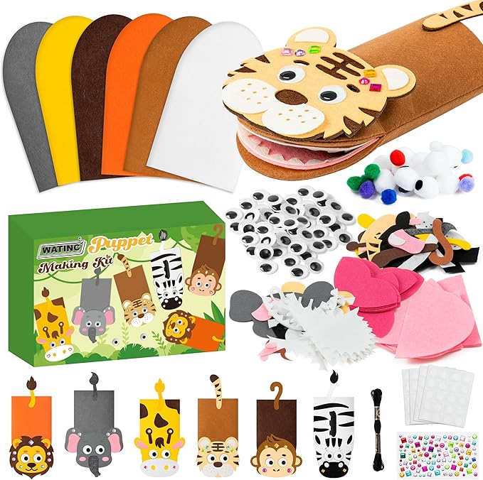 WATINC 6Pcs Hand Puppet Making Kit, Art Craft Felt Sock Puppet Toys, Creative DIY Make Your Own Pompoms Wiggle Googly Eyes Storytelling Role Play Party Supplies Gift for Girls Boys (Wild Animals A)