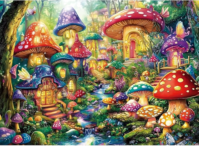 300 Piece Puzzles for Adults, Mystical Mushroom Fantasy Village Jigsaw Puzzle for Children Elderly, Large Piece Fun Fairy Puzzle for Kids Ages 8-10 10-12,Cool Puzzles,Family Game Great Gift 20.5*15in