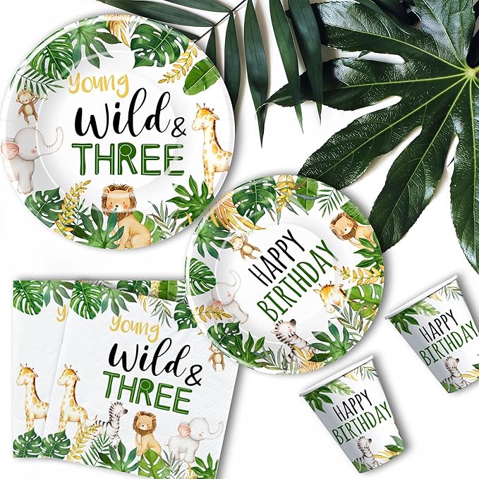Jungle Animal 3rd Birthday Party Supplies - Young Wild And Three Decorations Tableware, Paper Plate, Napkin, Tablecloth, Fork, Safari 3-Year-Old Birthday Decorations Dinnerware | Serves 24