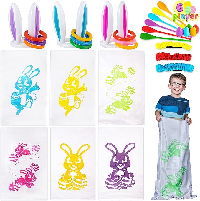 JOYIN Easter 33PCS Potato Sack Race Jumping Bags, Spoon and Egg Race, 6 Players Legged Relay Race Bands Elastic Tie Rope for Easter Theme Party Favor, Outside Lawn,Eggs Hunt Game Activities