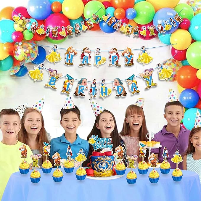"Snow White and the Sevn Dwafs Theme Birthday Party Supplies – Princess Fairy Tale Decorations for Girls Birthday and Magical Celebrations – Includes Cake Toppers, Banners, Cupcake Picks & Garland"