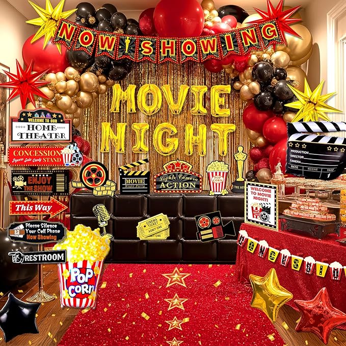 150pcs Movie Night Decorations, Movie Themed Party Decorations, Movie Theater Decor Balloons Arch, Now Showing Popcorn Concessions Banner, Foil Balloons for Movie Night Birthday Party Decorations