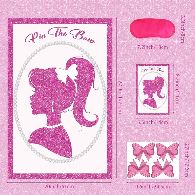 Hooqict Girls Princess Party Games Pin The Bow on The Head Birthday Games for Kids Party Pink Girl Birthday Party Decorations Supplies, Large Pin Tail Game Poster with 40 Bow Stickers