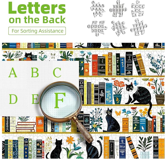 Aesthetic Black Cat Bookshelf 500 Piece Jigsaw Puzzle for Adults, Vintage Botanical Flower Art Puzzle, Gift for Cat and Book Lovers 20x20 Inch