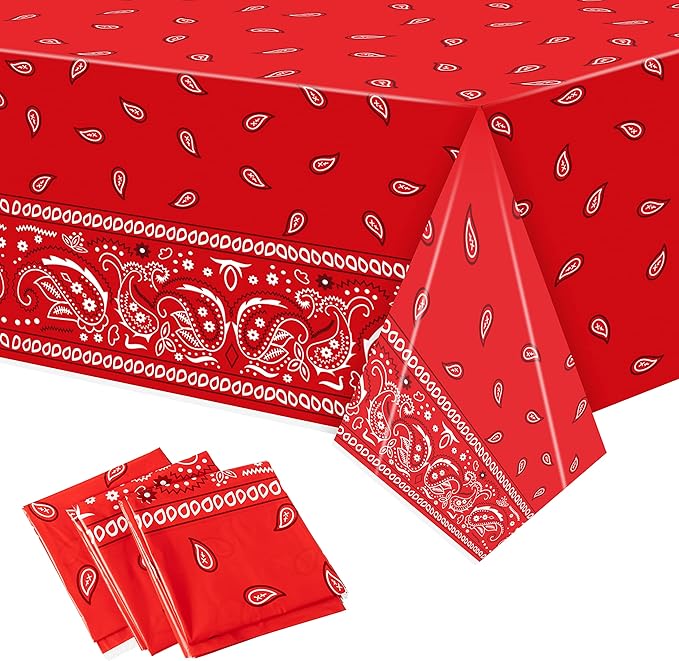 K1tpde 3PCS Bandana Party Tablecloths, Cholo Gangsta Theme Table Covers,Bandana Plastic Waterproof Tablecloth, Western Party Decorations Supplies for Adult, Red