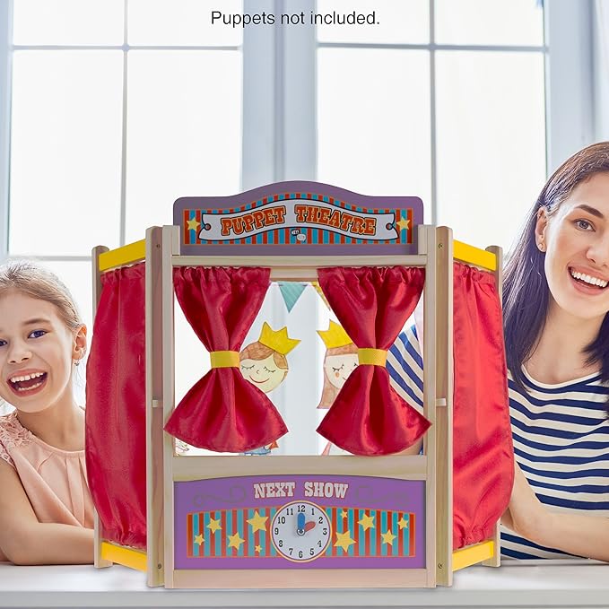 HEY! PLAY! Puppet Theater for Kids - Wooden Tabletop Toy with Curtains, Blackboard, and Clock to Inspire Imagination and Creativity in Boys and Girls