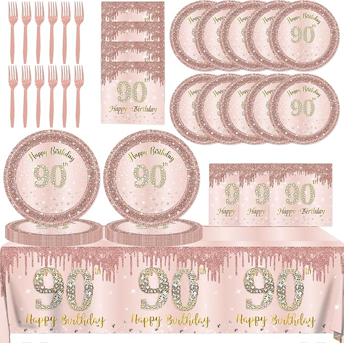 90th Birthday Decorations for Women,61Pcs Rose Gold 90th Birthday Decorations Tableware Include Happy 90th Birthday Plates and Napkins,Tablecloth,Forks,90th Birthday Party Supplies Serve 20