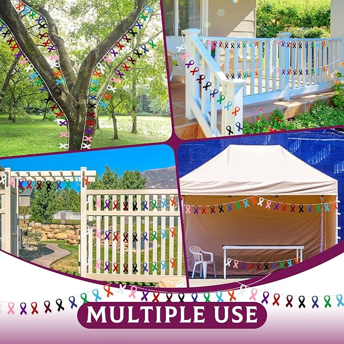 VitalCozy 10 Pcs Ribbon Awareness Banner 13.1 ft Ribbon Garland Cancer Awareness Decor Cancer Free Decorations for Society Events Groups Fundraisers Party Supplies (Multicolor)
