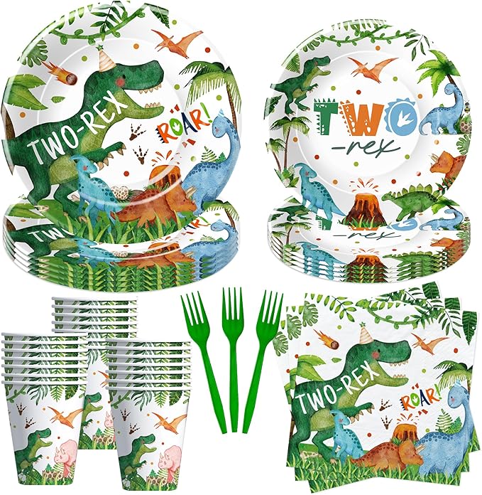 Dinosaur Two Rex Birthday Decorations Boy, Dino Theme Dinosaur Birthday Party Supplies Tableware, Paper Plate, Cup, Napkin, Fork, 24 Guests