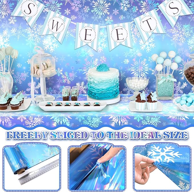 Kochorie 100 Ft x 54 Inch Iridescent Winter Snowflake Tablecloth Roll with Cutter Box Holographic Blue and Purple Snowflake Wonderland Table Cover Backdrop for Frozen Birthday Party Supplies