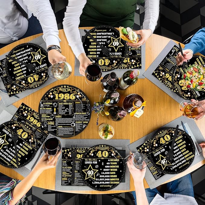 96Pcs 40th Birthday Plates and Napkins Back in 1986 Party Decorations Black Gold 40 Year Old Party Dessert Plates 1986 Birthday Tableware for 24 Guests 40th Theme Men Woman Bday Parties Supplies