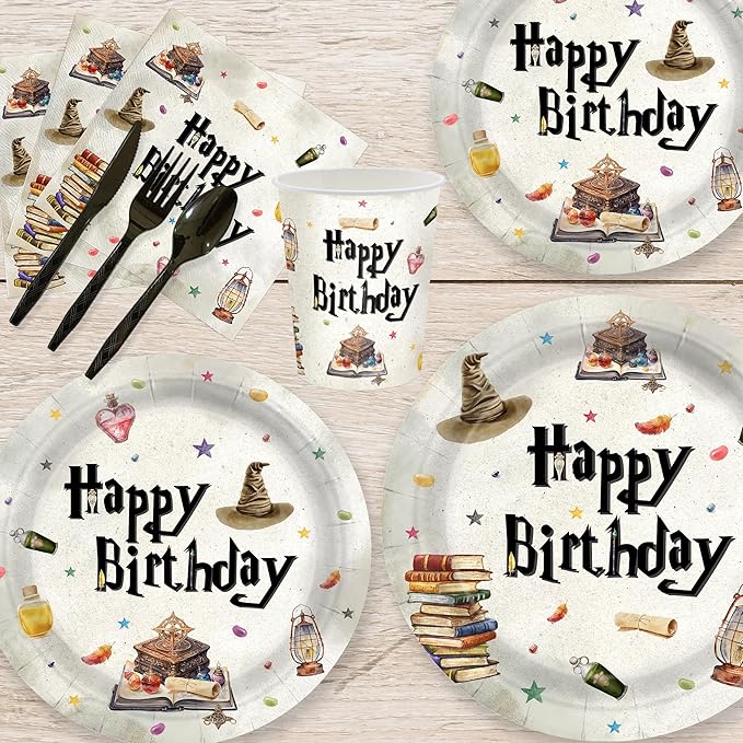168pcs Magical Wizard Plates Napkins Birthday Party Decorations Disposable Paper Cups Tableware Set Magical Party Supplies for Kids Boys Birthday Decor 24 Guests