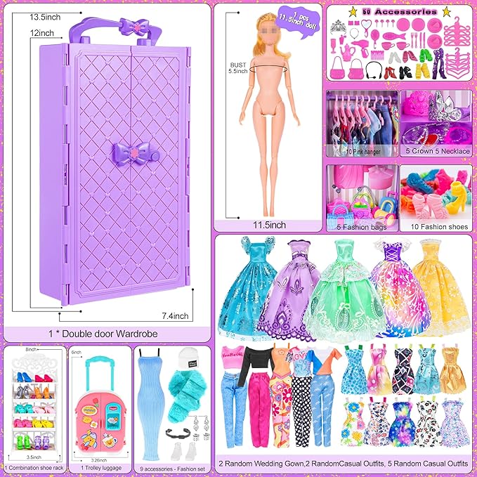 ebuddy 11.5 inch Doll Closet Playset with 106 pcs Clothes and Accessories for Girls 6-12 Including one Doll, Closet, Stylish Blue Set, Luggage, Shoe Rack, Wedding Gowns