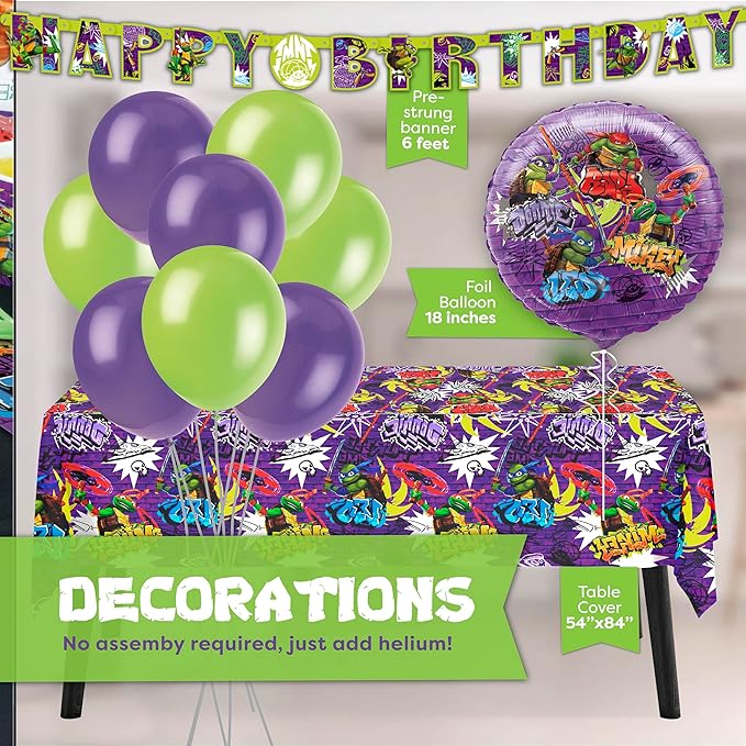 Teenage Mutant Ninja Turtle Birthday Party Supplies | Serves 16 Guests | Officially Licensed | TMNT Mutant Mayhem Movie | Balloon Decorations, Plates, Napkins, Tablecloth, Forks, Button