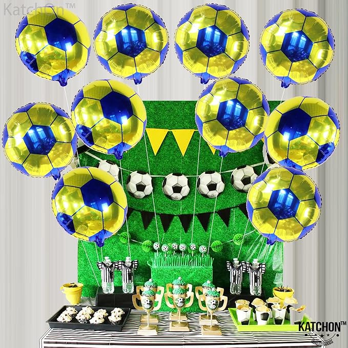 KatchOn, Yellow and Blue Soccer Balloons - 18 Inch, Pack of 10 | Soccer Birthday Party Decorations for Football Party Decoration, Sports Themed Party Decorations | Blue and Yellow Balloons