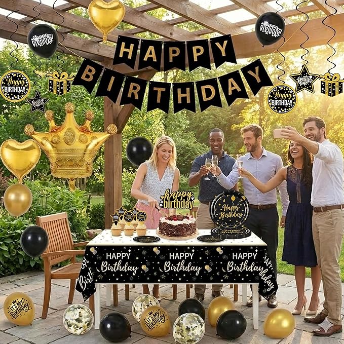 Black and Gold Birthday Decorations - Party Supplies Kit with Tablecloth, Paper Plates, Photo Props, Crown Foil Balloon, Fringe Curtains, Cake Toppers and Banner for Men Women 18th 21st 30th 40th 50th