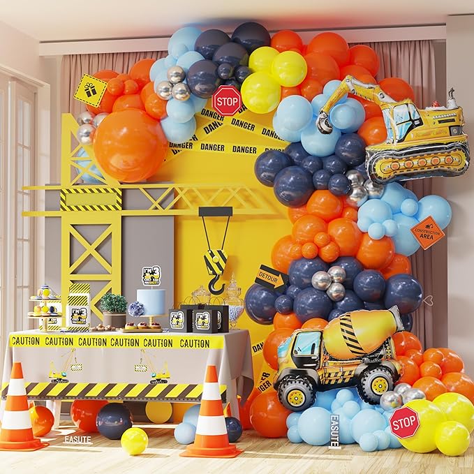 Construction Birthday Party Supplies 145PCS Construction Balloons Arch Kit‌ Yellow Blue Construction Themed Party Decorations for Boys 3rd Large Self Standing 4D Excavator Mixer Truck Foil Balloons