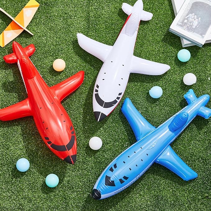 12 Pieces Inflatable Airplanes Party Decoration Red White Blue Aircraft Inflates Plane for Birthday Shower Party Supplies Pilot Adventure Themed Birthday Decor 24.5 and 15.75 Inch