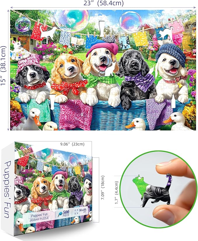 Laundry Day Dogs 500 Piece Jigsaw Puzzle for Adults Colorful Garden Scene with Puppies Animal Puzzle with Letters on Back Fun & Relaxing Gift for Seniors, Family, Adults (23”x15”)