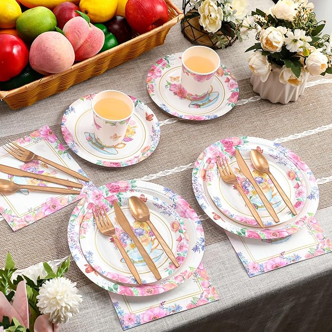 350 Pcs Tea Party Supplies Spring Summer Tea Party Tableware Set Disposable Plates Napkins Paper Cups Plastic Cutlery Set for Birthday Bridal Baby Shower Serves 50