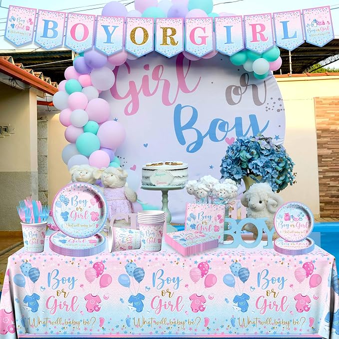 Gender Reveal Tableware 142Pcs-Gender Reveal Decorations Blue and Pink Star Baby Gender Reveal Boy or Girl Party Banner,Tablecloth,Plates,Napkins Cups Forks and Knives Supplies of Reveal Party