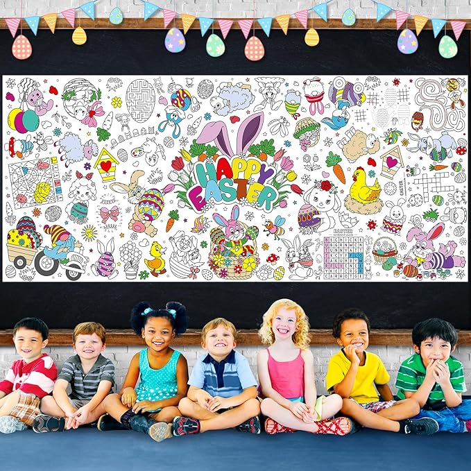 Easter Large Coloring Poster for Kids, Happy Jumbo Coloring Paper Tablecloth, Bunny Eggs Color-in Craft Activities for School Classroom Home Party Supplies Decorations, 30 x 72 Inch