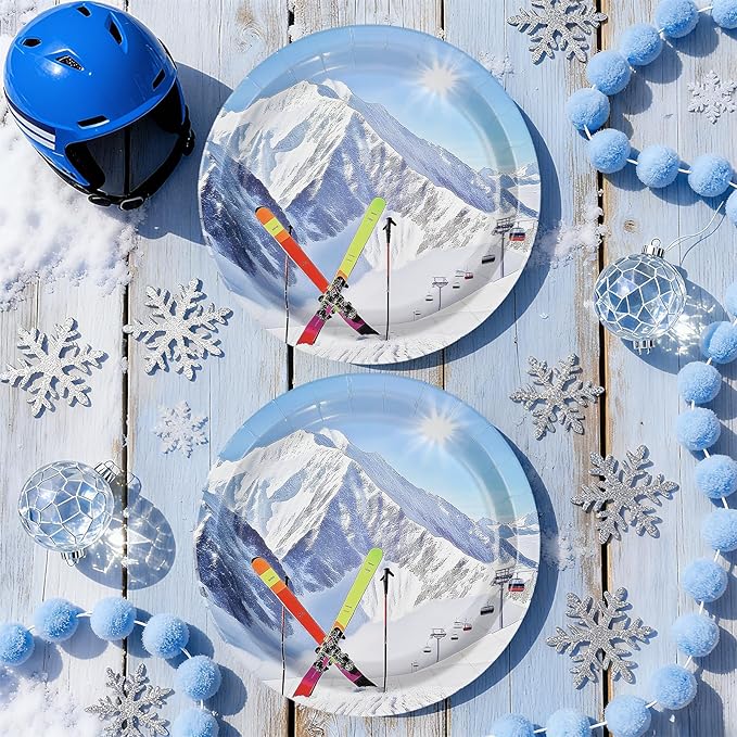 50Pcs Winter Ski Paper Plates 9 Inch Heavy Duty Disposable Skiing Snowy Mountain Dessert Plates Winter Mountain Ski Sport Adventure Decorations for Boys Girls Skier Birthday Holiday Party Supplies
