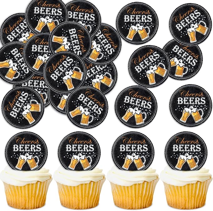 Ercadio 40 PCS Edible Beer Party Cupcake Toppers Cheers and Beers Happy Birthday Party Decorations for Father's Day Whiskey Beer Cake Drink Topper Favor for Summer Family Party Decor Supplies
