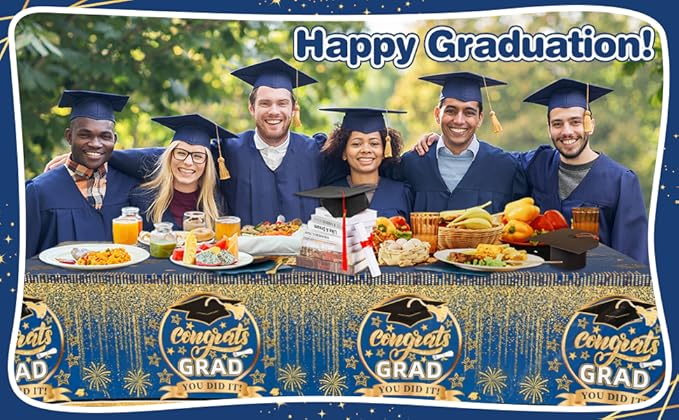 Staraise 3 Pcs Graduation Tablecloth for Graduation Decorations 2026 - Plastic Blue and Gold Congrats Grad Table Cloth,Disposable Graduations Table Cover for 2026 Grad Party Decorations,51.2x86.6inch