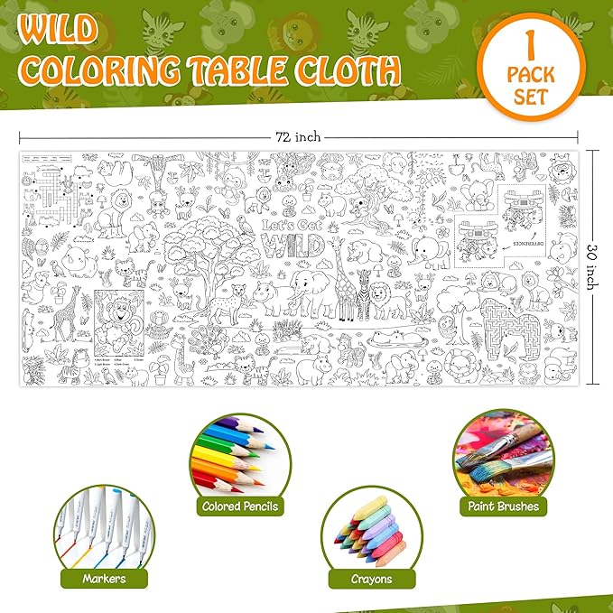 Wild Coloring Tablecloth for Kids, Jumbo 30x72 Inch Poster with Jungle Animals, Leaves, Safari Scenes, Perfect for Wild Party Games, Jungle Decorations, Classroom Fun, Celebration Supplies