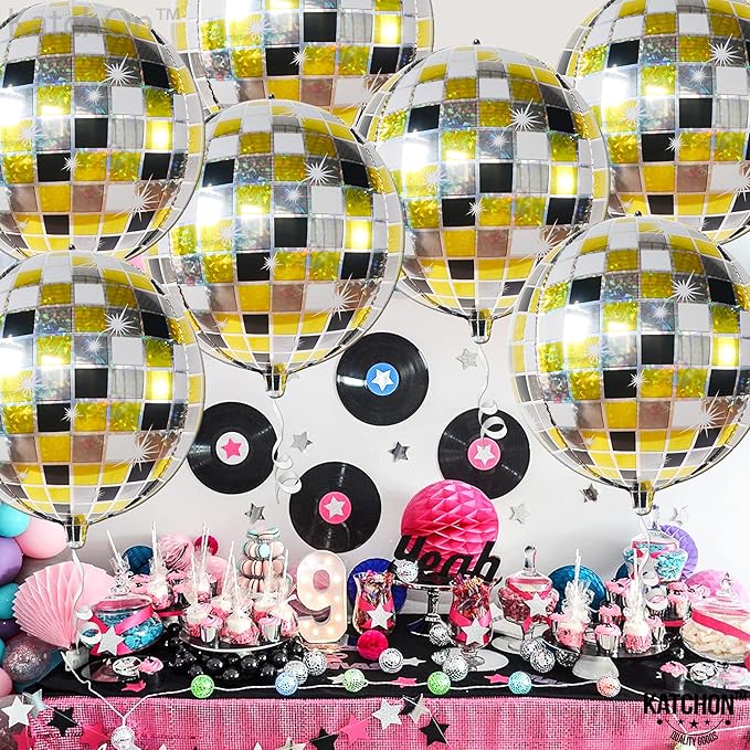 KatchOn, Multicolor Disco Ball Balloons - 22 Inch, Pack of 6 | 4D Sphere Disco Balloons for Black and Gold Birthday Decorations | Graduation Decorations 2026, Black and Gold Party Decorations