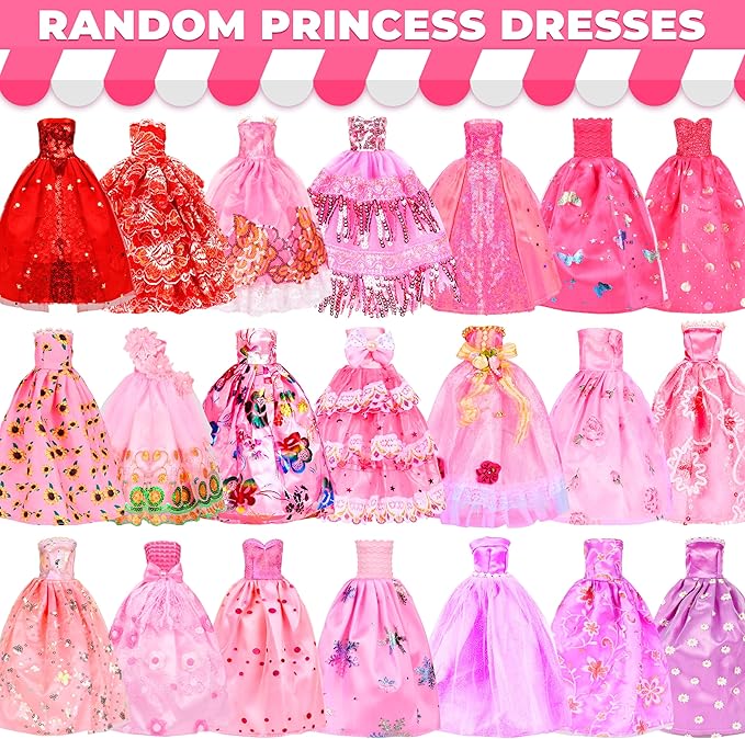 195 Pcs Doll Clothes and Accessories Kit, Include Princess Gowns, Fashion Skirt, Slip Dresses, Tops, Pants, Bikini Swimsuits, Shoes, Crowns, Necklaces, Glasses, Hangers in Gift Box for 11"-12" Dolls
