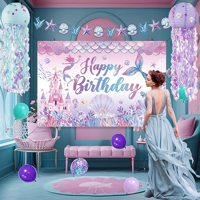 Mermaid Birthday Decorations For Women,Colorful Jellyfish Lanterns,Happy Birthday Backdrop,Banner Balloons,Table Cloth,Paper pom poms Party Supplies for Girls