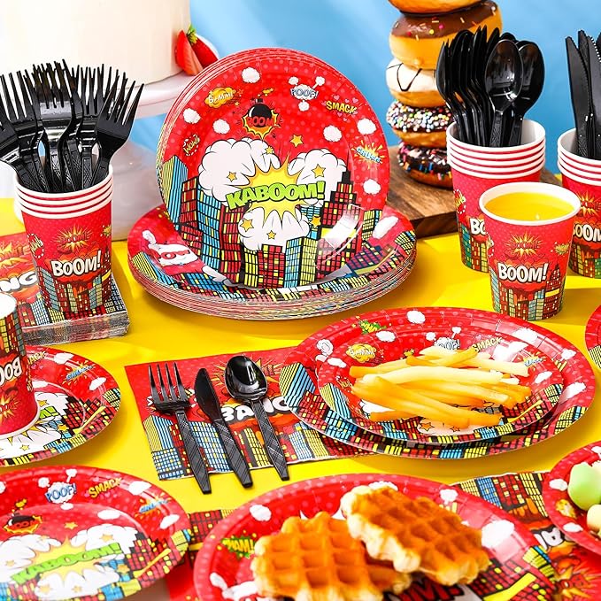 Zhehao 210 Pcs Christmas Hero Party Supplies Serves 30, Hero Themed Paper Plates Napkins Cups and Tableware Sets for Birthday Baby Shower Party Supplies Decor (Red)