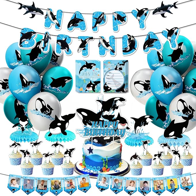 Orca Birthday party Decorations Killer Whale theme party Supplies Include Banner Balloons Cake Topper Cupcake Toppers Invitation Cards Tabletop Honeycomb Decorations