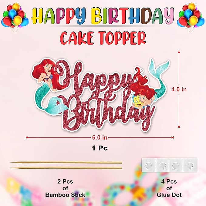 The Litle Mermaid Happy Birthday Cake Topper – Ocean Fantasy Inspired Cake Decoration with Sea Adventure, Courage, Elegant Marine Style Birthday Cake Topper for Party Celebration Décor