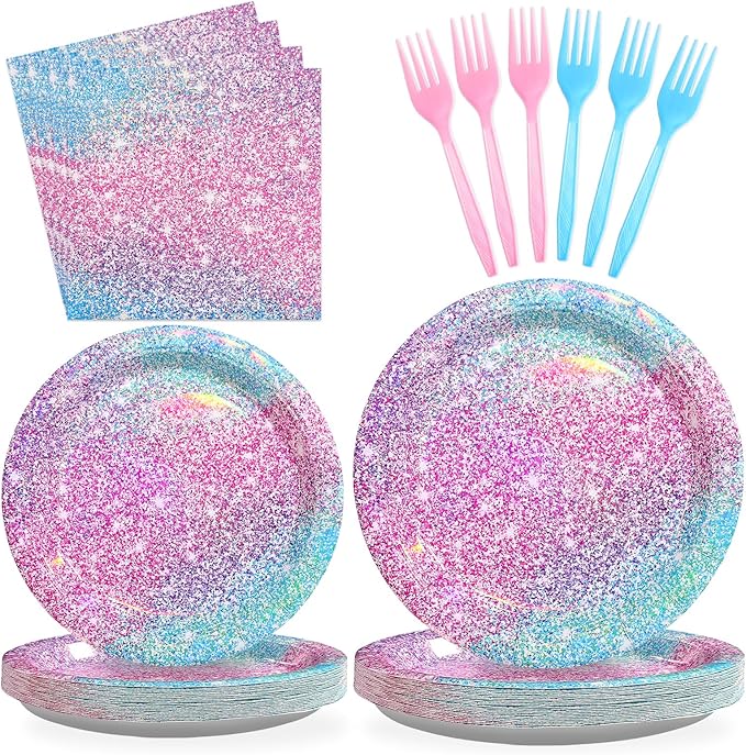 96Pcs Pastel Rainbow Party Decorations Iridescent Party Supplies 350GSM Holographic Print Rainbow Plates and Napkins Set for Baby Mermaid Birthday party Bachelorette Bridal Shower Wedding Serves 24