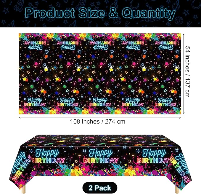 Kochorie 2 Pack Glow in The Dark Birthday Tablecloth 54 x 108 Inch Neon Disposable Plastic Table Cover Graffiti Paint Glow Table Cloths for Black Light Party, Let's Glow Birthday Decorations