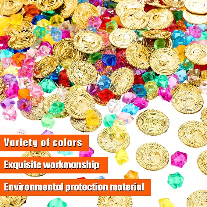 Skylety Pirate Party Decoration Favors 100 Pieces Fake Pirate Treasure and 100 Pieces Gold Coins Toy Gem Jewelry Treasure Chocolate Gold Coins for Halloween Adventure Themed Event Party Supplies