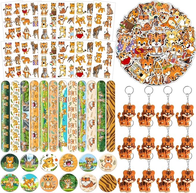 102 PCS Tiger Party Favors, Tiger Temporary Tattoos Slap Bracelets Keychains Stickers Badges for Jungle Safari Tiger Party Favors Birthday Party Decorations Supplies Gifts for Classroom Rewards