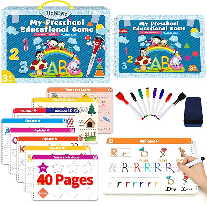 RichBoy Preschool Learning Activities Tracing Books for Kids, Montessori Handwriting Practice Letter Tracing Kindergarten Workbooks, Alphabet Learning Books - 3 4 5 6 Year Old Boy Gifts (40 Pages)