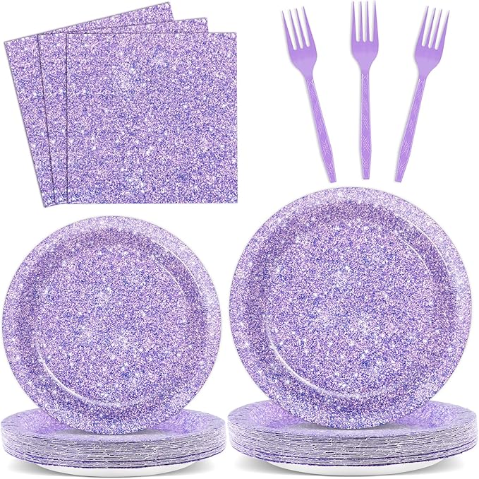 96PCS Purple Glitter Paper Plates and Napkins K-pop Purple Tableware Party Paper Plates Glitter Birthday Disposable Dinnerware Parties Set for Girl Women Sprinkle Wedding Anniversary Party Decorations