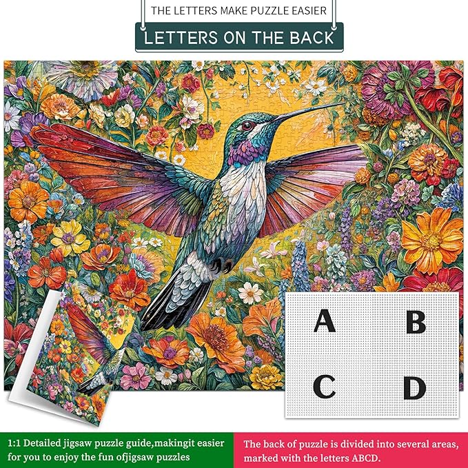 Jigsaw Puzzles for Adults 1000 Pieces, Interlock Perfectly Letter on Back No Dust, Home Decor Birthday Party Gift Toy for Men Women Elders Seniors, 1:1 Poster - Radiant Hummingbird