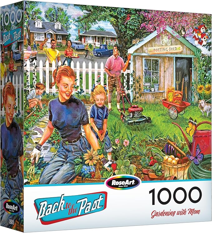 RoseArt - Back to The Past - Gardening with Mom 1000 Piece Jigsaw Puzzle - Vintage Retro Garden Scene Puzzle for Adults - Finished Size 26.625 x 19.25 Made in USA