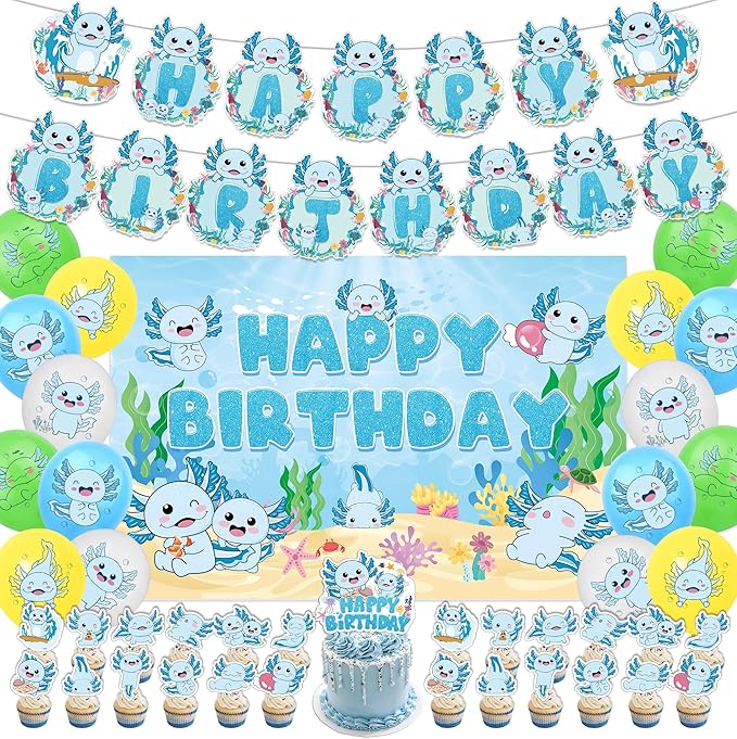 43Pcs Blue Axolotl Birthday Party Decorations Include Banner-Balloons-Cake Topper-Cupcake Toppers-Backdrop for Axolotl Birthday Party Supplies
