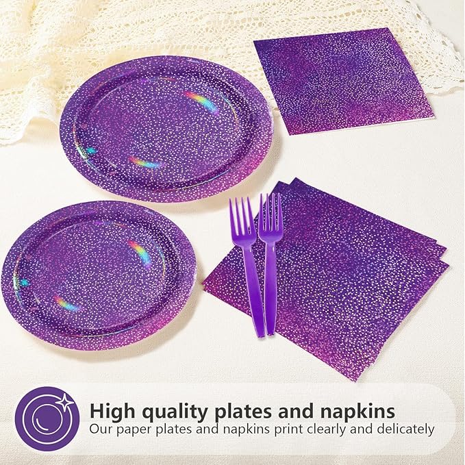 Grencian 96Pcs Purple Party Supplies Iridescent Rainbow Purple Plates and Napkins Sets Iridescent Purple Birthday Decorations for Girls Women Sprinkle Wedding Anniversary Party Favors Serves24