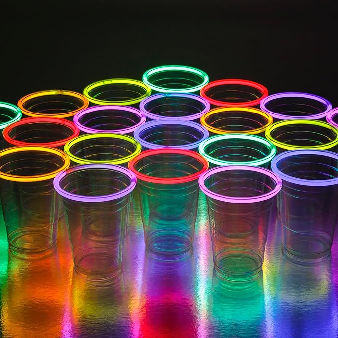 Glo Pro Glow Party Cups 16oz Light Up Neon Glowing Cups with Glow Sticks, Glow in the Dark Blacklight Party Supplies for Birthdays, Weddings, Bars & Raves.