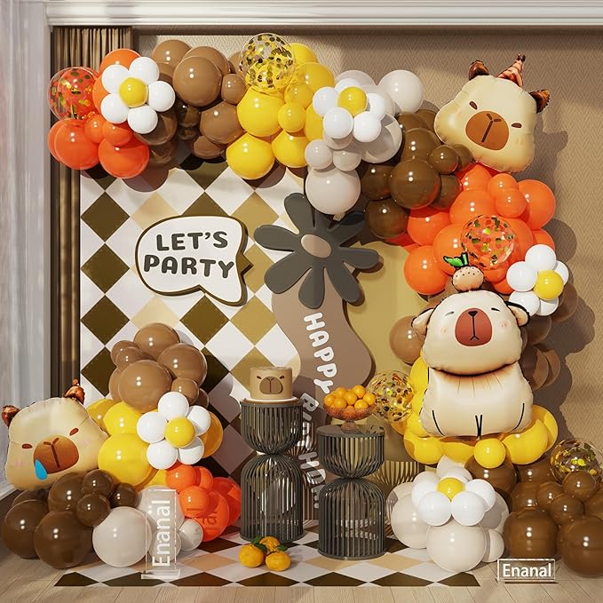 Capybara Birthday Decorations, 171pcs Brown Orange Beige Daisy Balloon Arch with Cute Animal Foil Balloons for Capybara Party Supplies Gender Reveal Baby Shower Kids Birthday Party Decor